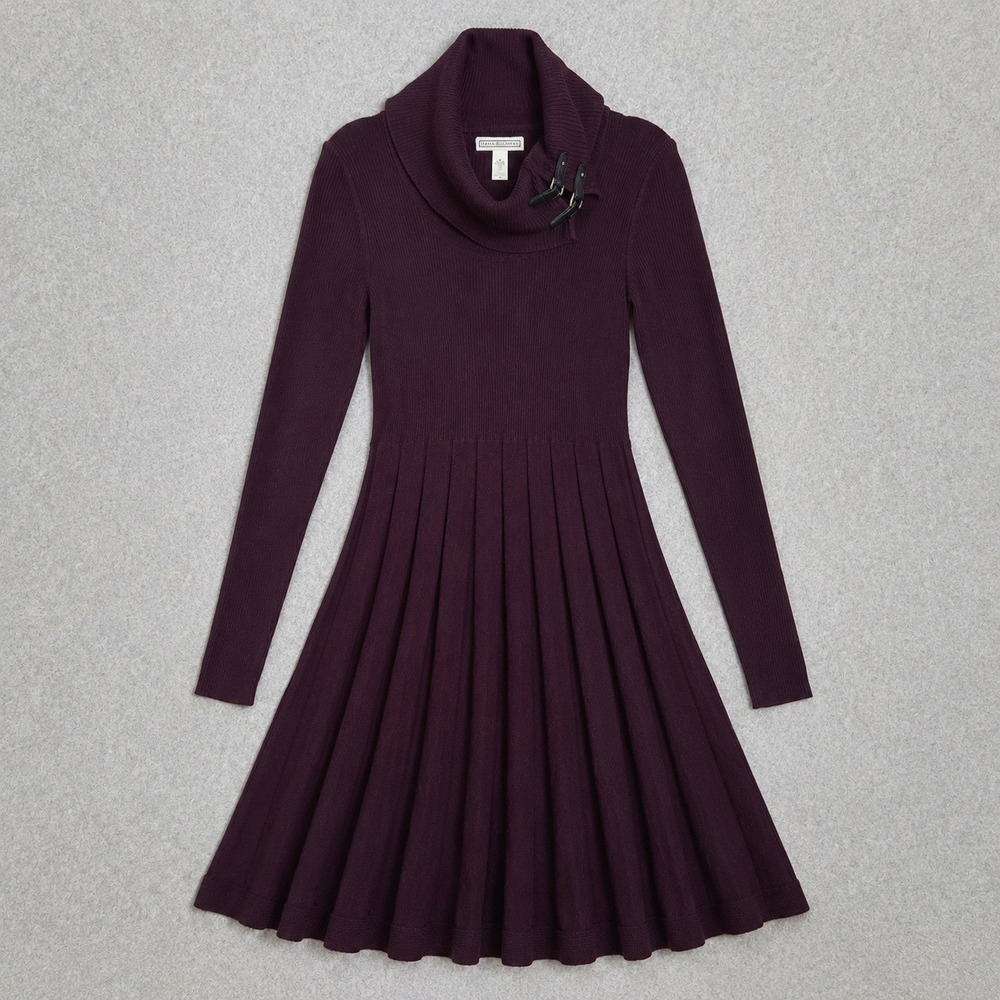 Dana Buchman Purple Knit Sweater Dress Women S Cowl Neck Pleats Fit Flare Buckle